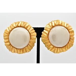 POGGI Paris Vintage Clip On Earrings Brushed Gold Faux Pearl Chunky Signed BinAE